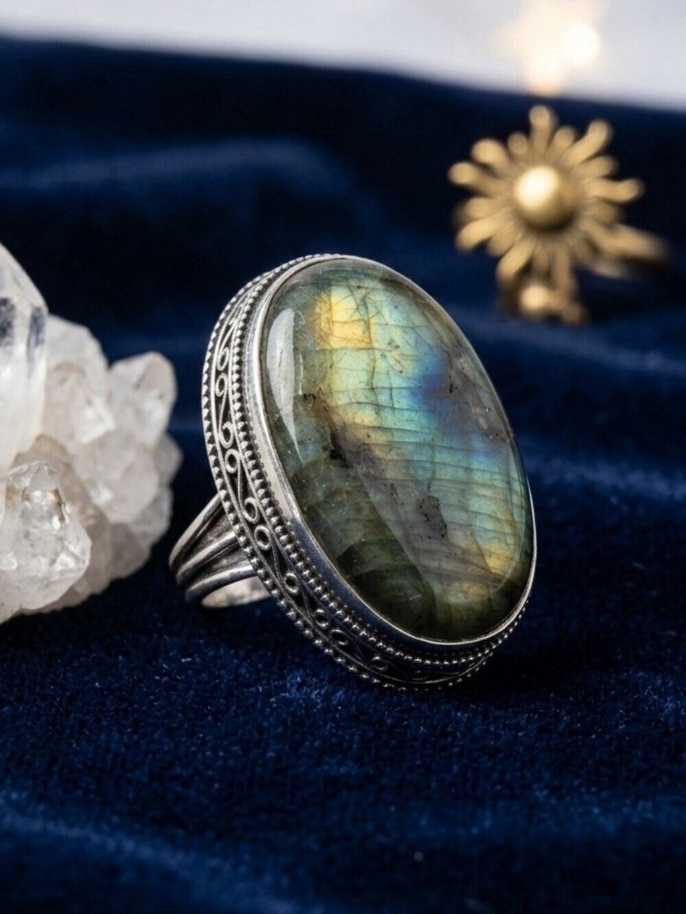 925 Sterling Genuine Labradorite Oval Statement Ring Blue Flash Filigree Size 8 - Picture 14 of 14
